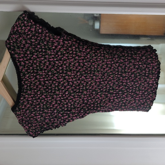 Vintage 90s Y2K Barbiecore Rose Print Black Lace Trim Rouche Crop Top - Picture 6 of 6